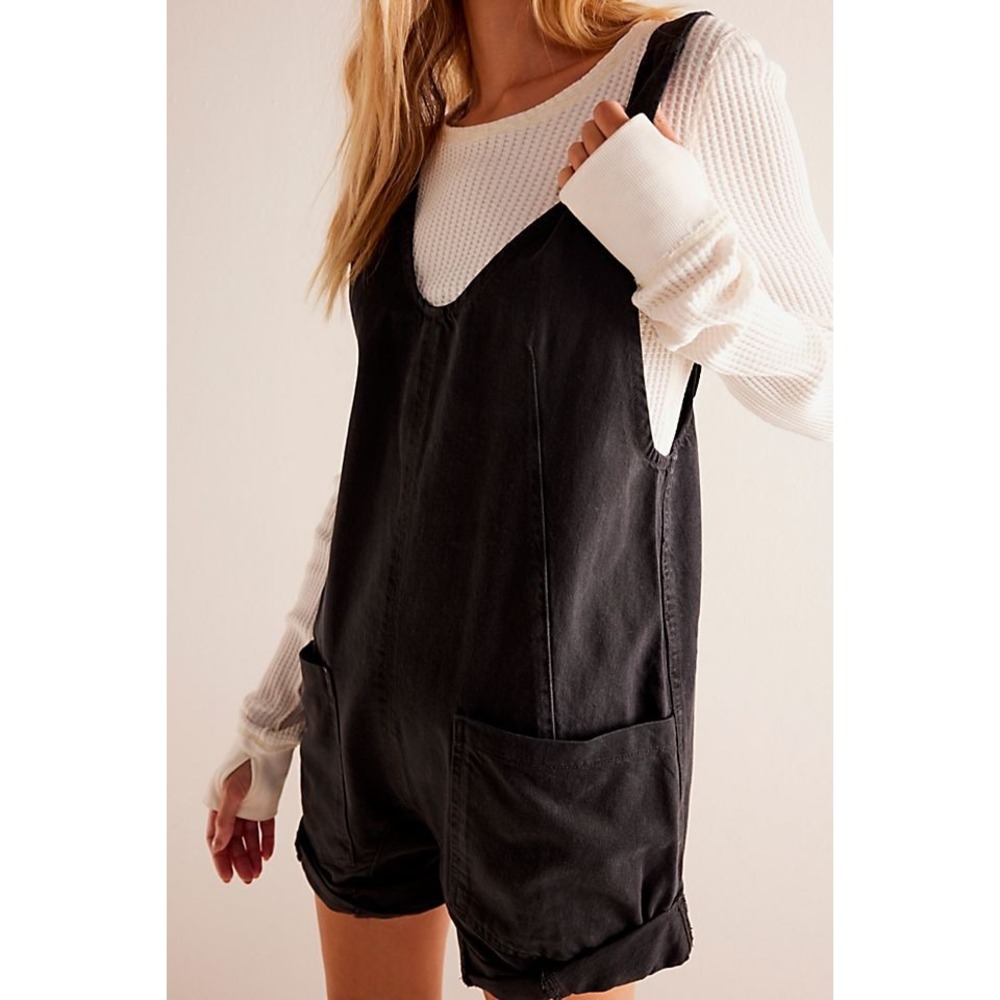 We The Free Free People Washed Black Denim Short Overalls Romper Large